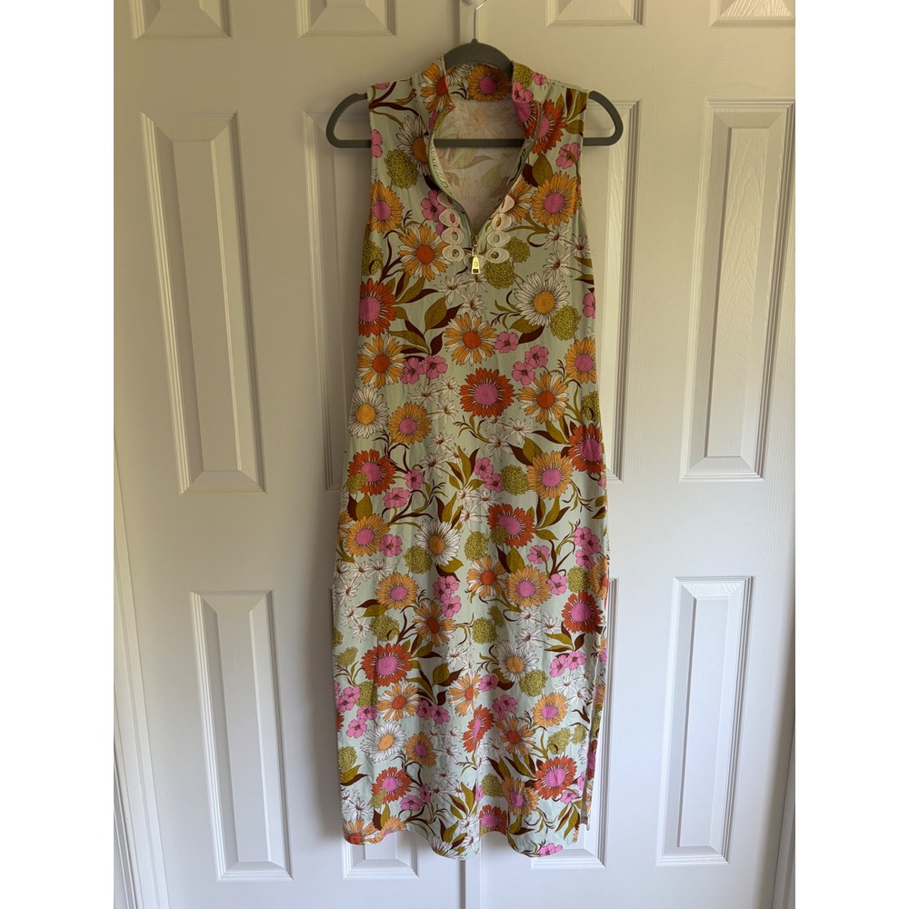 Spartina 449 Maxi Dress Women XS Green Floral Retro Boho Eyelet Zip Sleeveless